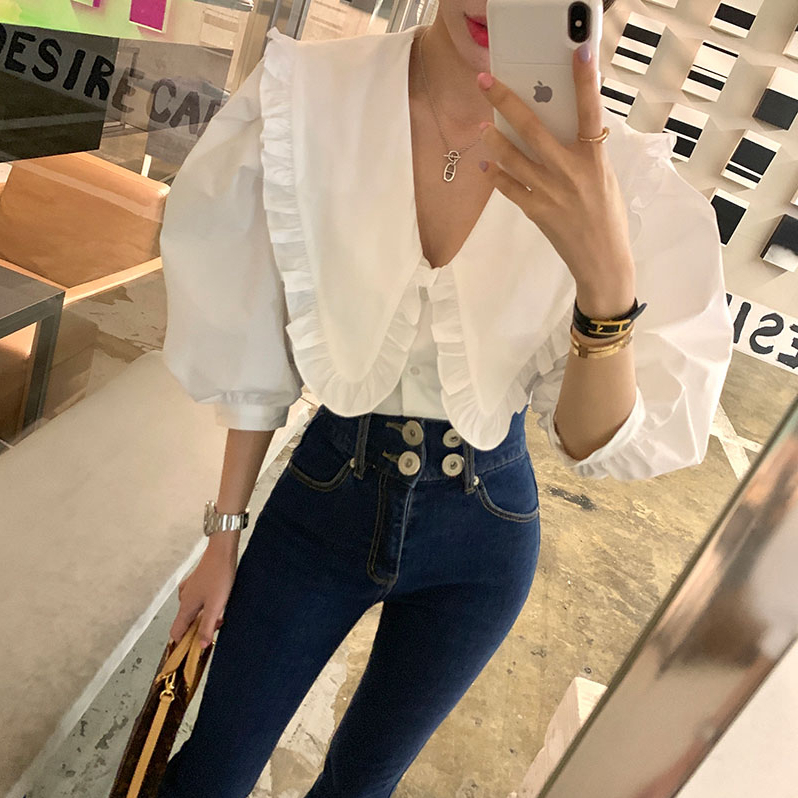 Original temperament doll collar shirt, versatile puff sleeves, Korean style ruffle top for women