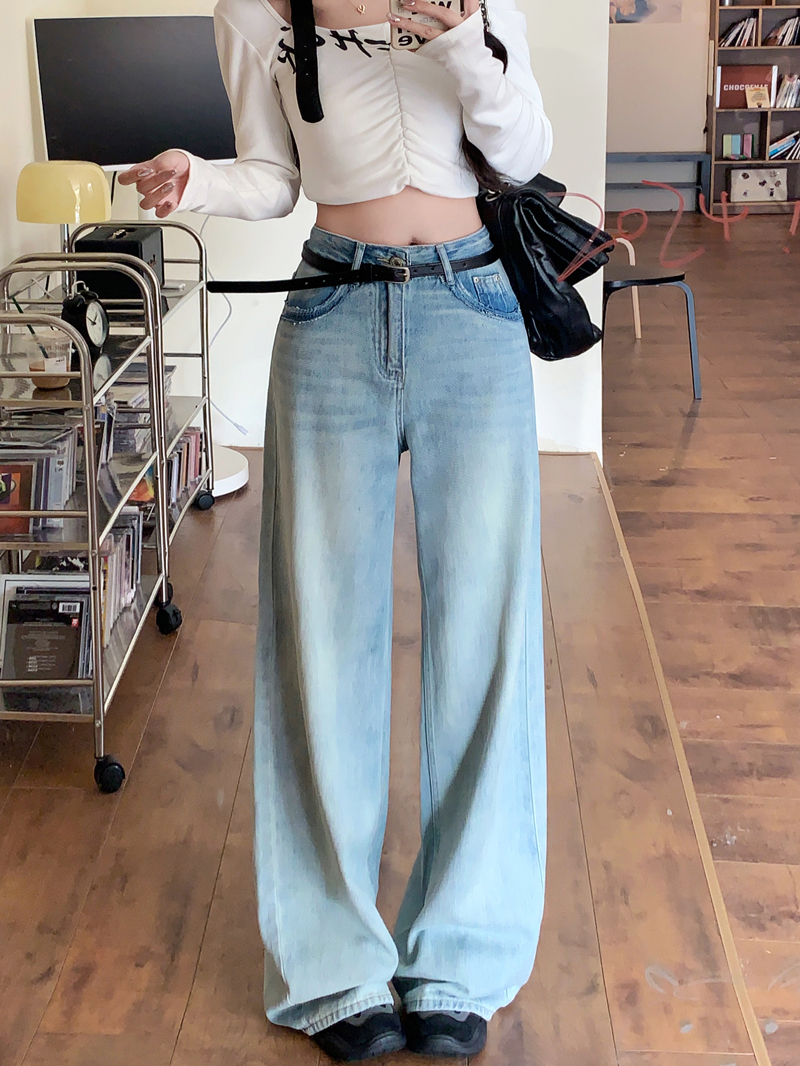 實拍#高腰寬鬆牛仔長褲女設計感水洗復古拖地窄版闊腿褲子