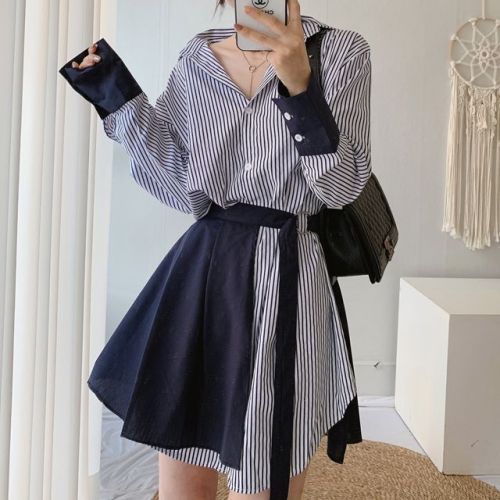 Size update Korean chic spring new fashionable lace-up striped shirt dress two-piece set