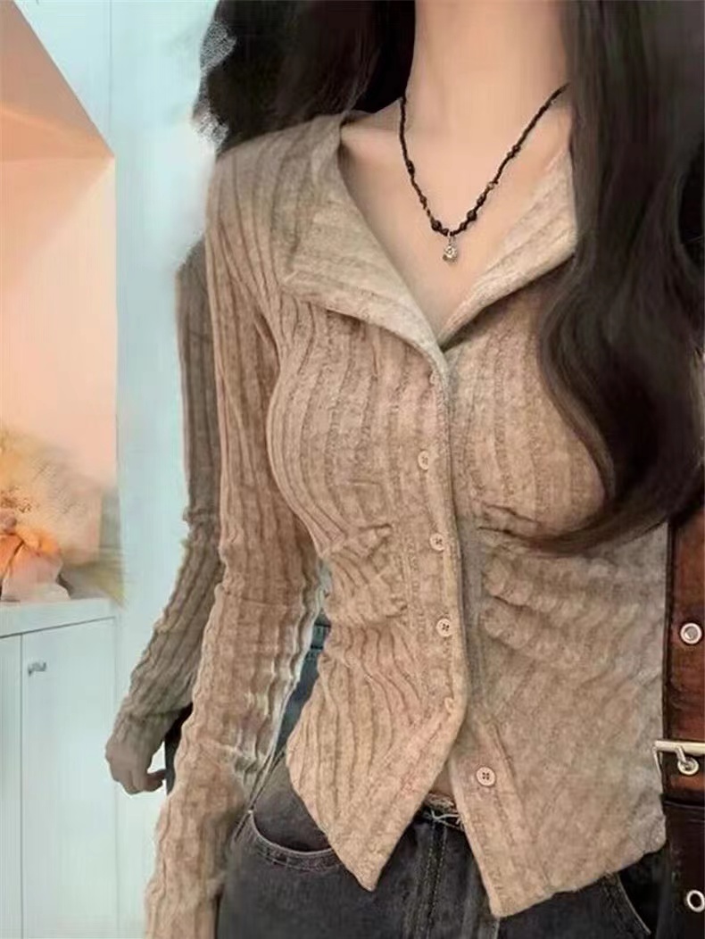 Original quality 2024 spring and summer new Korean style French slim V-neck knitted hottie slimming long-sleeved top