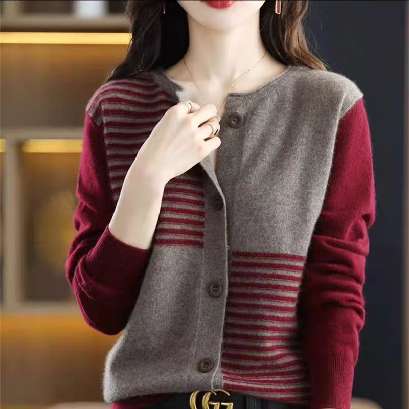 2024 Spring New 100% Pure Wool Cardigan Women's V-neck Striped Color Block Cashmere Sweater Coat Knitwear