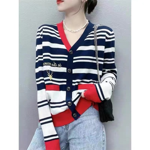Striped contrast color V-neck knitted cardigan for women's spring new design fashionable casual foreign style versatile long-sleeved top