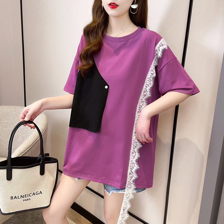 實拍 2024年新款早春夏季韓版重工撞色拼接寬鬆大碼短袖T恤女