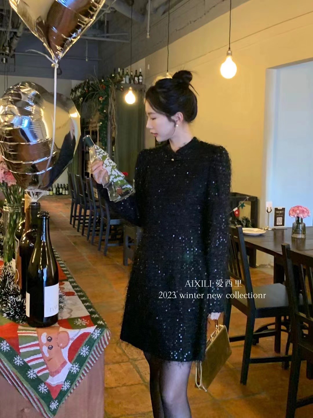 Aixili new Chinese style plate button sequin skirt winter national style new celebrity heavy industry design shiny dress