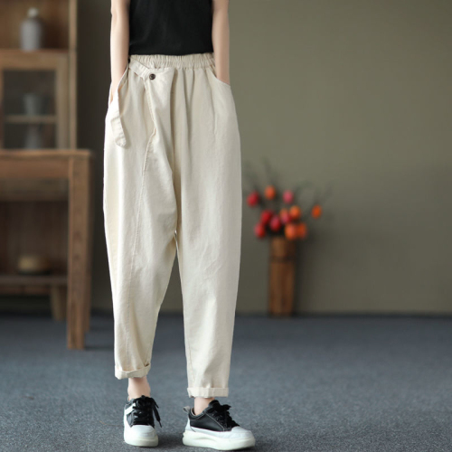 Autumn and summer pure cotton trousers withdrawn last order autumn foreign trade women's clothing retro cotton dad pants elastic waist harem pants for women