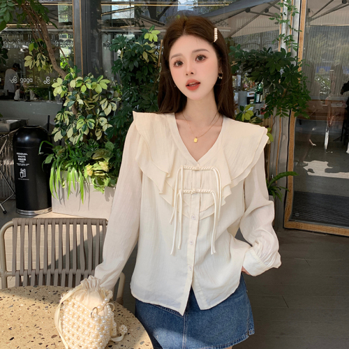 Spring New Chinese Style Plus Size Women's Sweet Long Sleeve Shirt Solid Color Large Size Loose Cardigan