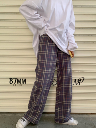 2024 Spring and Summer Korean Style Plus Size Women's Clothing 200 Jin High Waist Slim Floor-length Pants Elastic Waist Plaid Wide Leg Pants