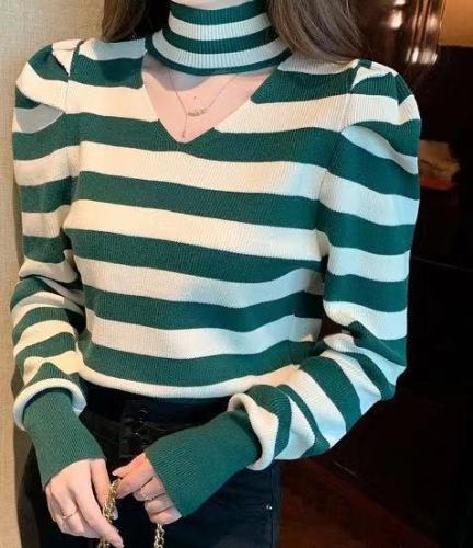 New Korean Style Hollow Puff Sleeve Featured Solid Color Slim Fit Bottoming Sweater Top