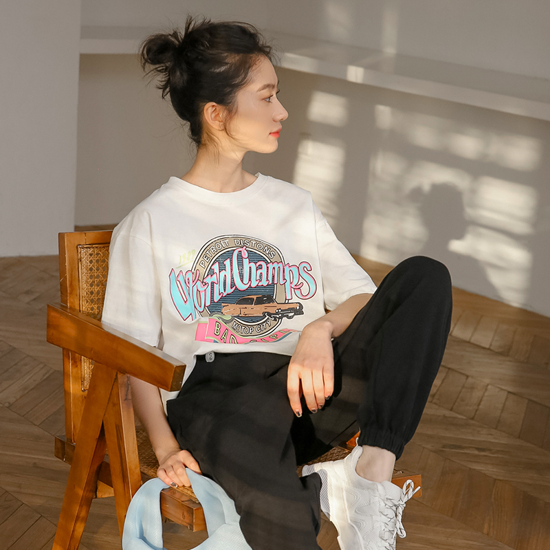 Real shot white t-shirt pure cotton 2024 summer Hong Kong style chic versatile loose large size half-sleeved top