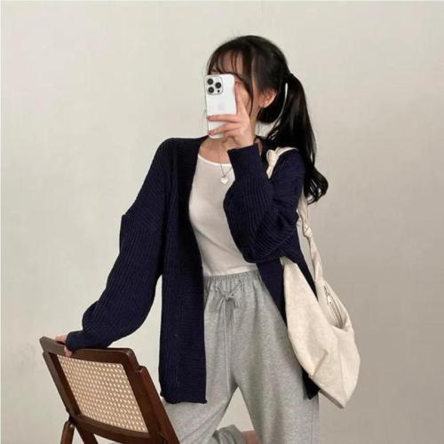 Korean chic loose casual lazy versatile mid-length sweater cardigan women's warm jacket
