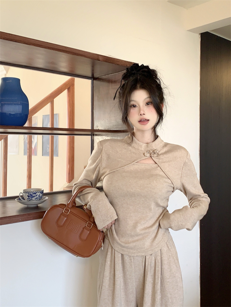Actual shot of new spring clothes, new Chinese style, buckle design, wide-leg trousers, slimming two-piece set