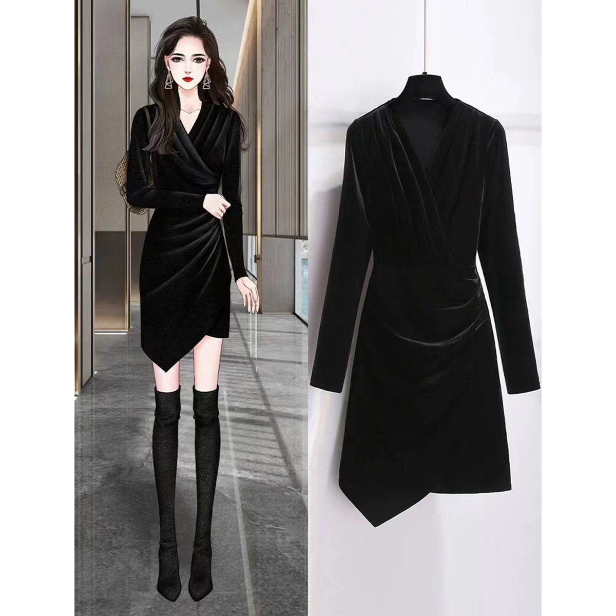 Quality inspection official picture high-end gold velvet dress winter women's 2024 dress temperament socialite retro little black dress