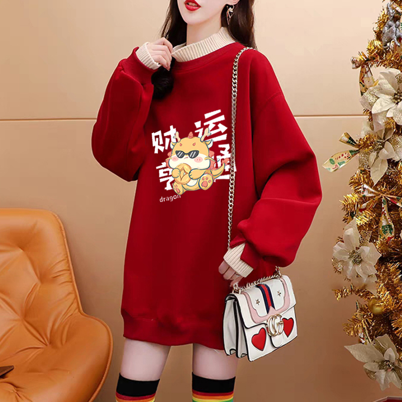 Pure cotton composite super soft autumn and winter super fire dragon print fake two-piece half turtleneck plus velvet sweatshirt for women