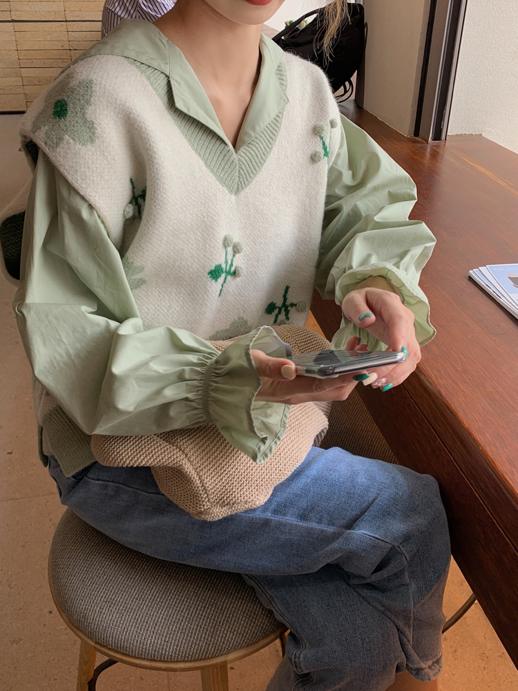 2024春季新款v領拼色花朵寬鬆百搭無袖針織毛線疊穿馬甲女