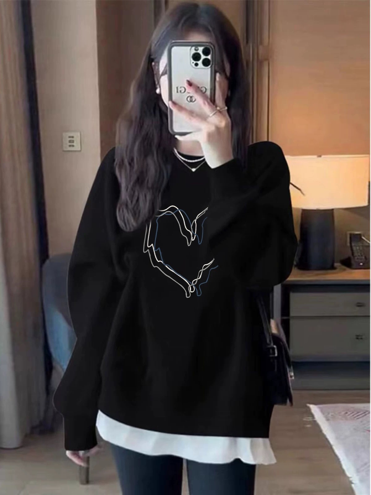 Black hooded round neck sweatshirt women's thin spring and autumn new loose velvet long-sleeved top jacket
