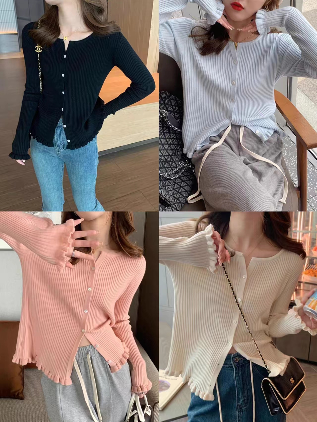 2024 spring and summer new Korean version Korean version slim and sweet ear-trimmed knitted cardigan for women to wear long-sleeved tops