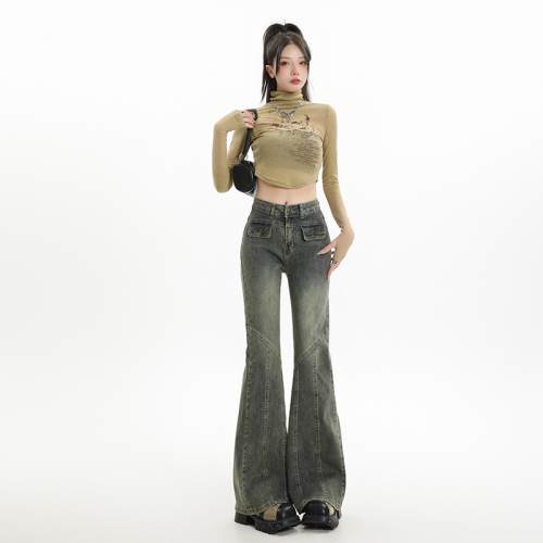 Real shot of new washed vintage jeans for spring and autumn, high waisted and slim design, versatile spicy girl flared pants