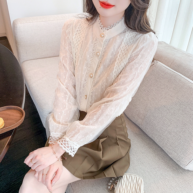 Stand-up collar chiffon shirt women's long-sleeved 2024 spring new fairy top fashionable shirt sweet lace bottoming shirt