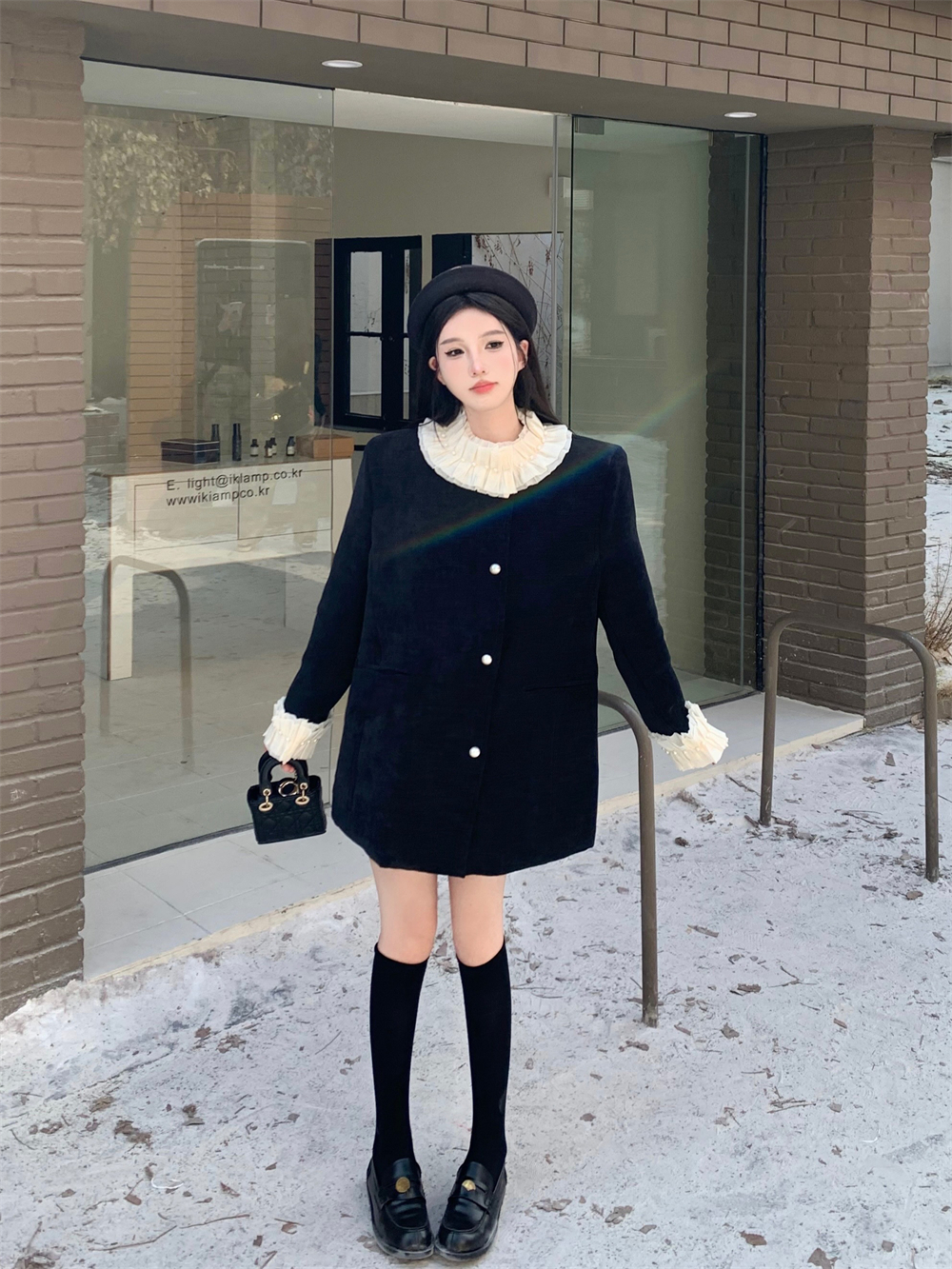 Actual shot of long-sleeved elegant ladylike style loose mid-length spliced ​​jacket