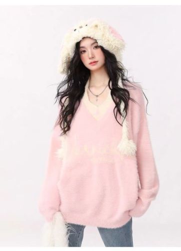 Imitation mink #fake two-piece soft and waxy lazy college style long-sleeved v-neck sweater jacket for women loose outer knitted