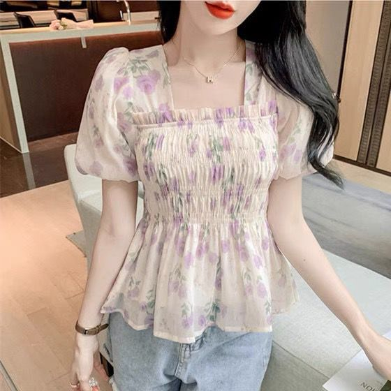Plus size women's French gentle puff short-sleeved chiffon floral shirt women's design niche summer slimming top