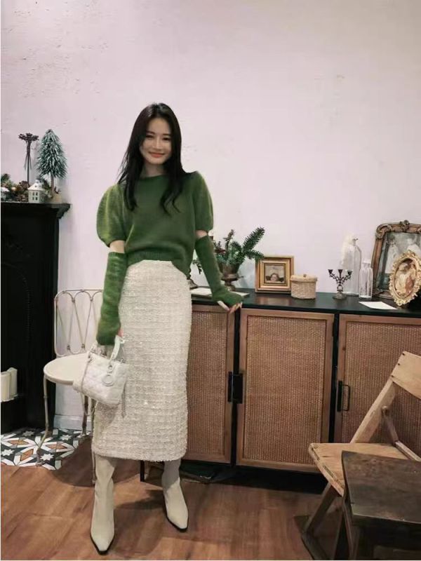 聖誕綠色泡泡袖短款毛衣女早秋軟糯別致純欲風內搭上衣針織上衣潮