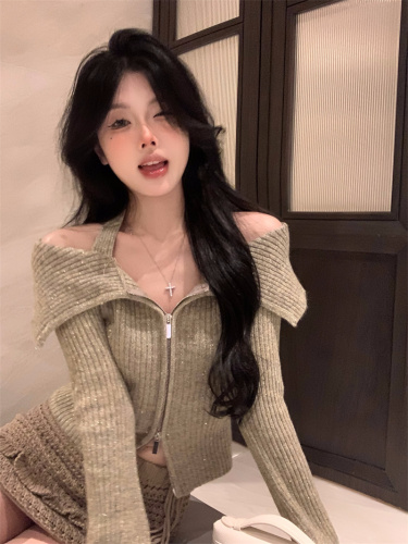 Actual shot of gentle style one-shoulder sweater for women in autumn long-sleeved waist slim fit pure desire double zipper cardigan