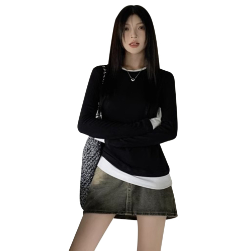 High elastic ribbed velvet fake two-piece long-sleeved women's layered contrasting color design niche t-shirt bottoming shirt