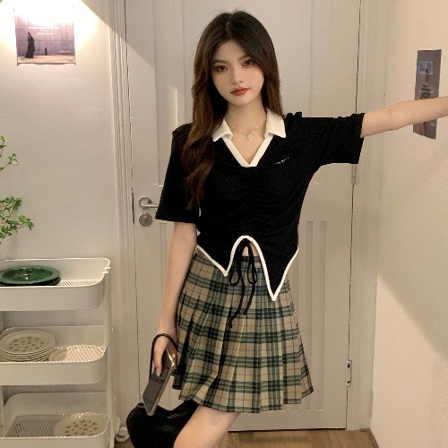 胖mm甜辣顯瘦polo領短袖T恤女夏季新款小眾設計感不規則上衣