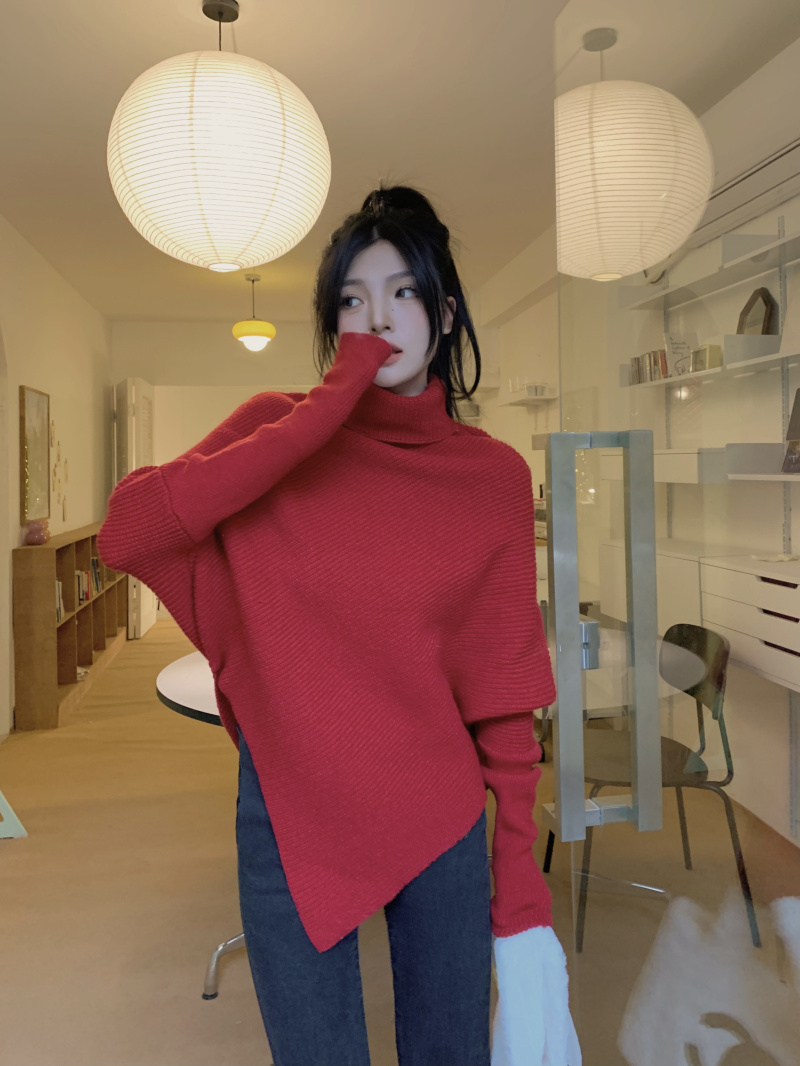 Actual shot New Year red irregular slit turtleneck sweater autumn and winter thickened knitted sweater top