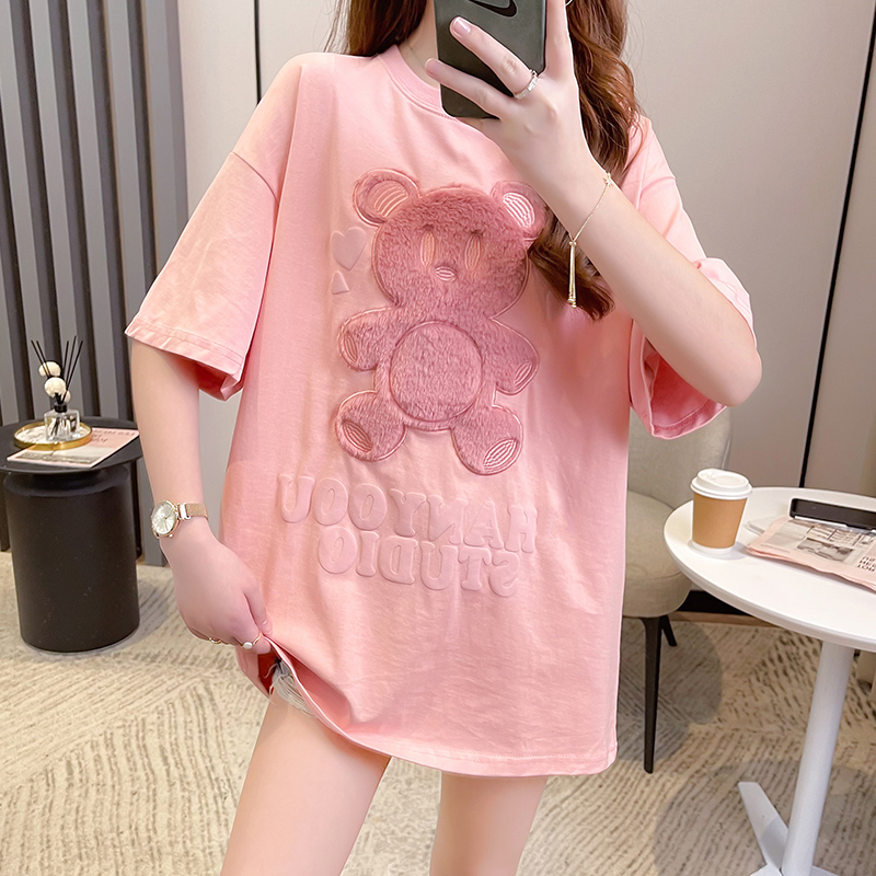 實拍 2024年夏季新款早春韓版重工刺繡小熊寬鬆大碼短袖T恤女