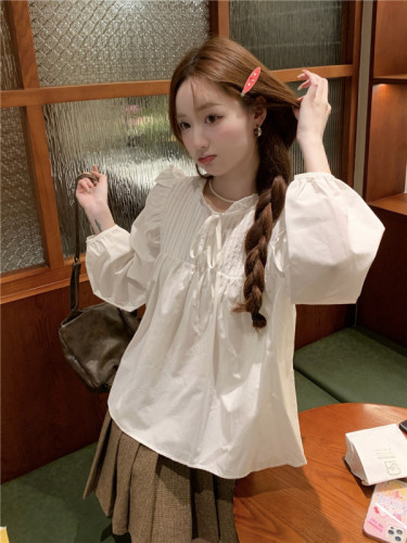 Actual shot~Spring new style French sweet white long-sleeved shirt women's design niche doll top