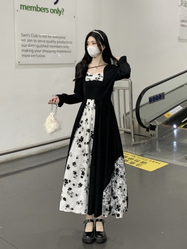 Plus size women's belly-covering Hepburn style rose mesh splicing long skirt spring and autumn sweet cool style slim dress