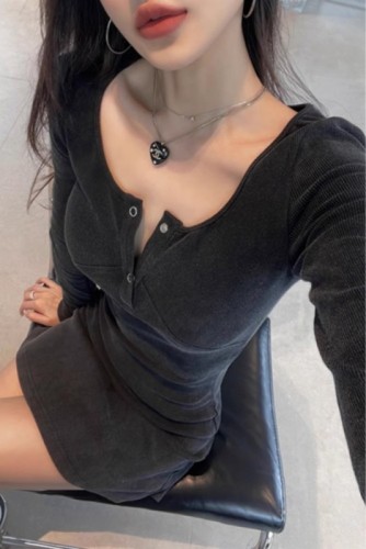 2024 Spring Black Long Sleeve Knitted Dress Female Small Slim Fit Sexy Hot Girl Temperament Bottoming Skirt