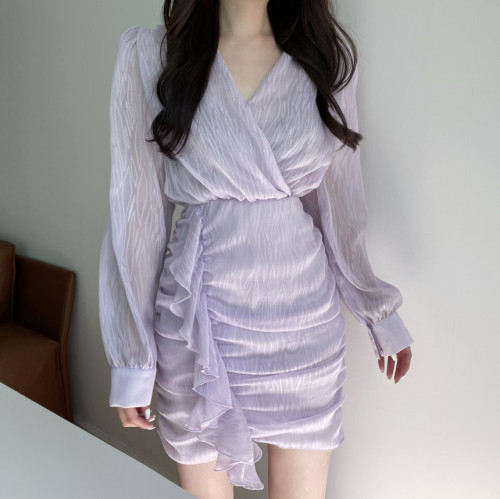 Size update Korean ins early spring custom-made jacquard retro pleated long-sleeved short dress