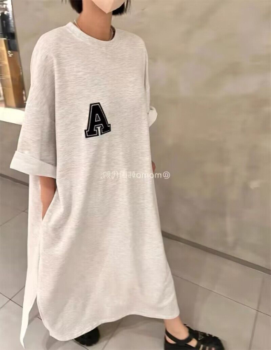 Korean slit long dress women's summer large size lazy skirt loose knee-length letter casual short-sleeved T-shirt dress