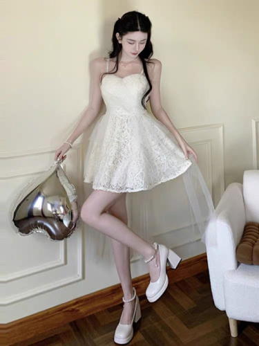 Ballet style pure lust sweet hottie French high-end small dress fairy mesh fluffy princess suspender dress summer