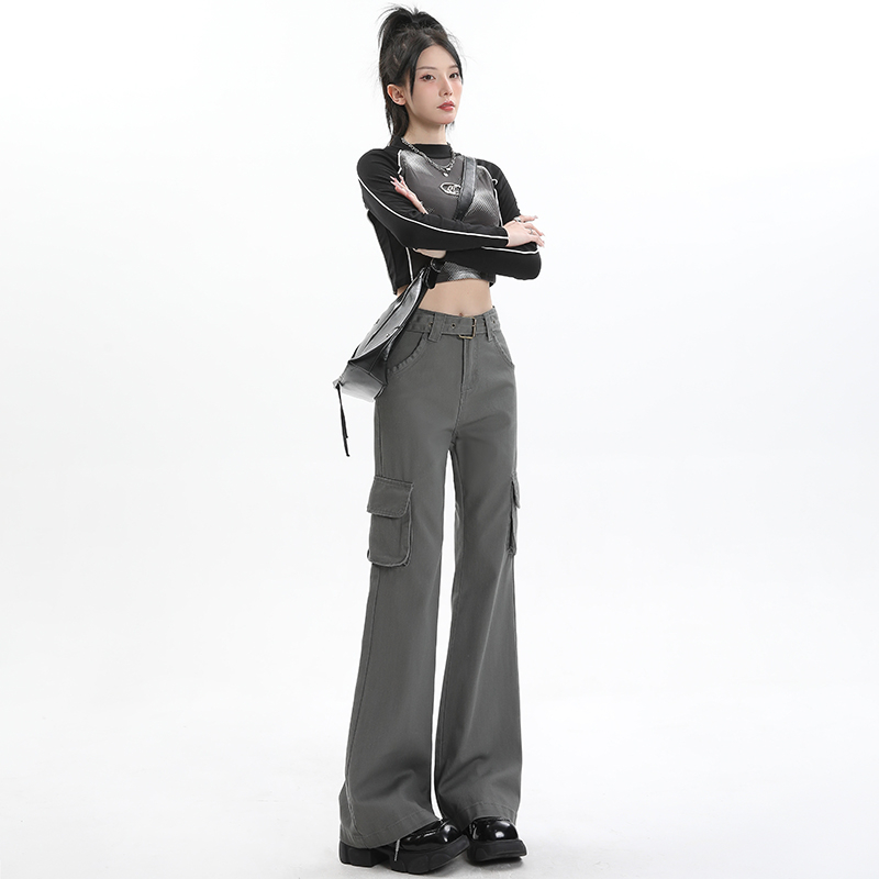 實拍2024早春微喇休閒工裝牛仔褲女多口袋拖地褲