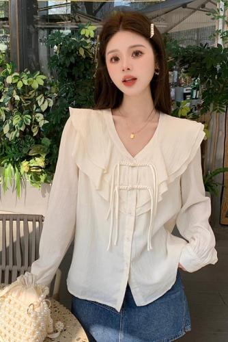 Spring New Chinese Style Plus Size Women's Sweet Long Sleeve Shirt Solid Color Large Size Loose Cardigan
