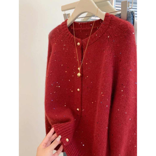 Quality Inspection Official Picture Gentle Atmosphere Sequined Round Neck Sweater Cardigan Women’s Autumn and Winter Zodiac New Year Red Knitted Jacket