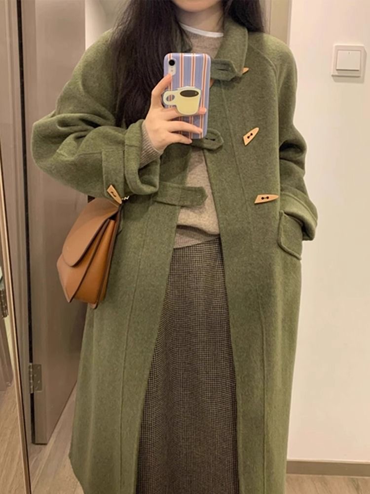 High quality 2024 new autumn green horn button woolen coat, small Hepburn style woolen coat