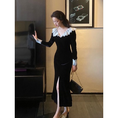 viss gold 2024 new style French retro ladylike temperament black long skirt annual party dress gold velvet dress