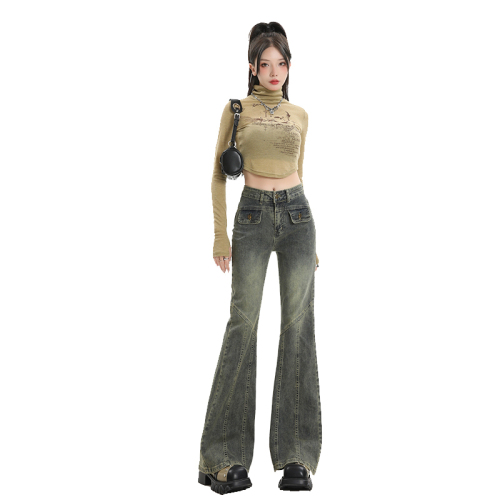 Real shot of new washed vintage jeans for spring and autumn, high waisted and slim design, versatile spicy girl flared pants