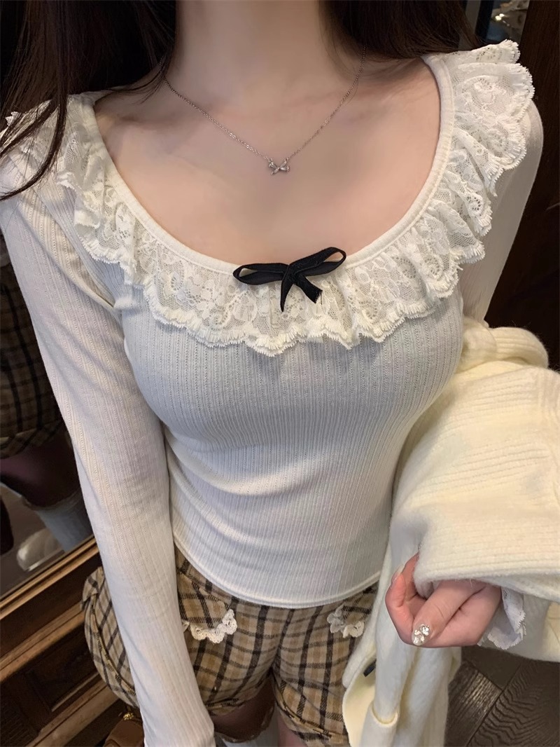 Pure desire lace bottoming sweater for women 2024 spring chic inner wear slimming short t-shirt top
