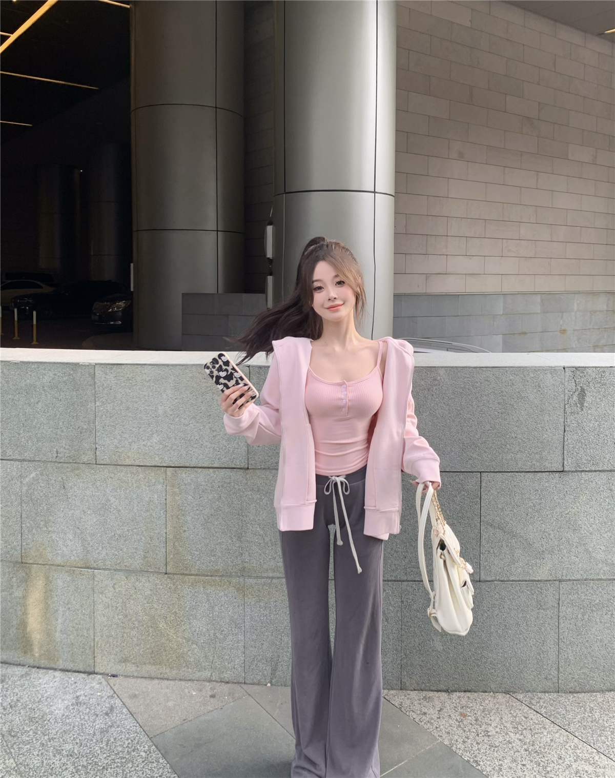 韓系純色oversize衛衣外套+吊帶韓系甜美上衣+灰闊腿長褲三件套裝