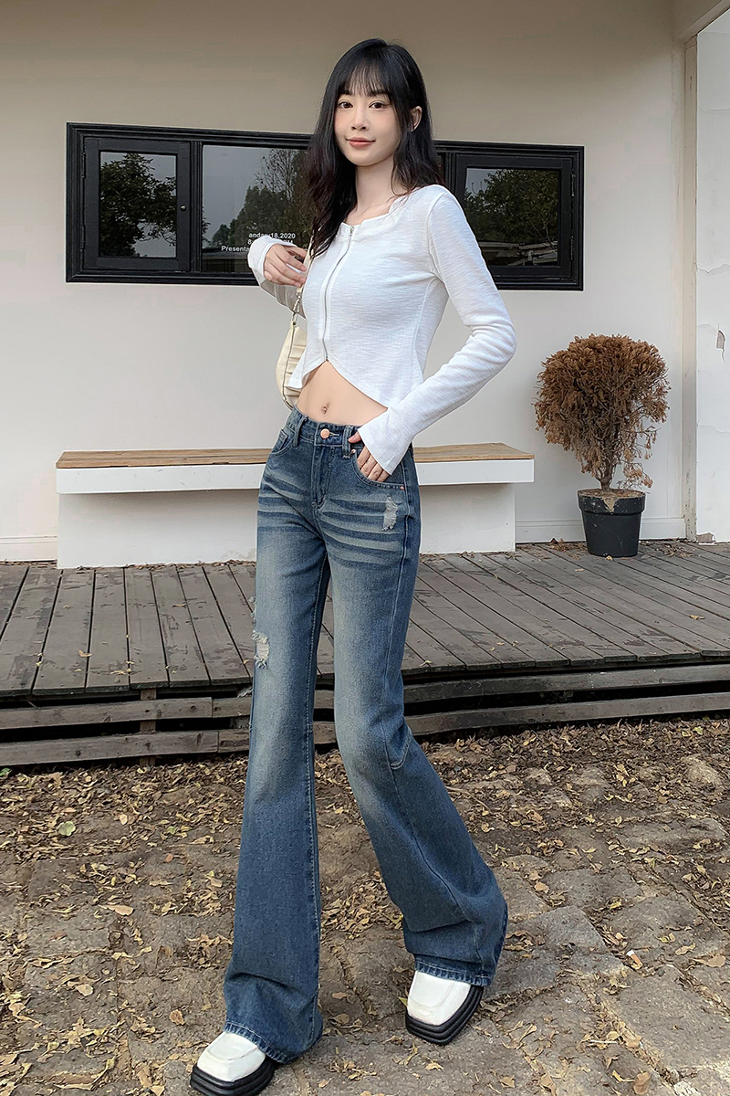 實拍2024早春美式復古辣妹低腰喇叭褲後腿設計感磨破牛仔褲女