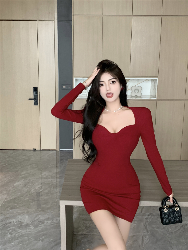 Sexy pure lust waist square neck hip skirt short skirt women's autumn royal sister temperament red long-sleeved tube top dress