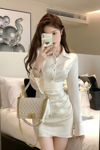 Cool sister style OL high-end satin shirt dress slim fit hip-hugging polo collar high-end exquisite dress autumn