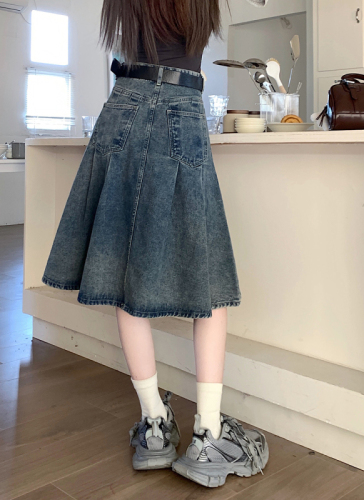 Actual shot of 2024 Spring New Retro Style Washed Denim Skirt Women's Casual Versatile A-Line Pleated Mid Skirt