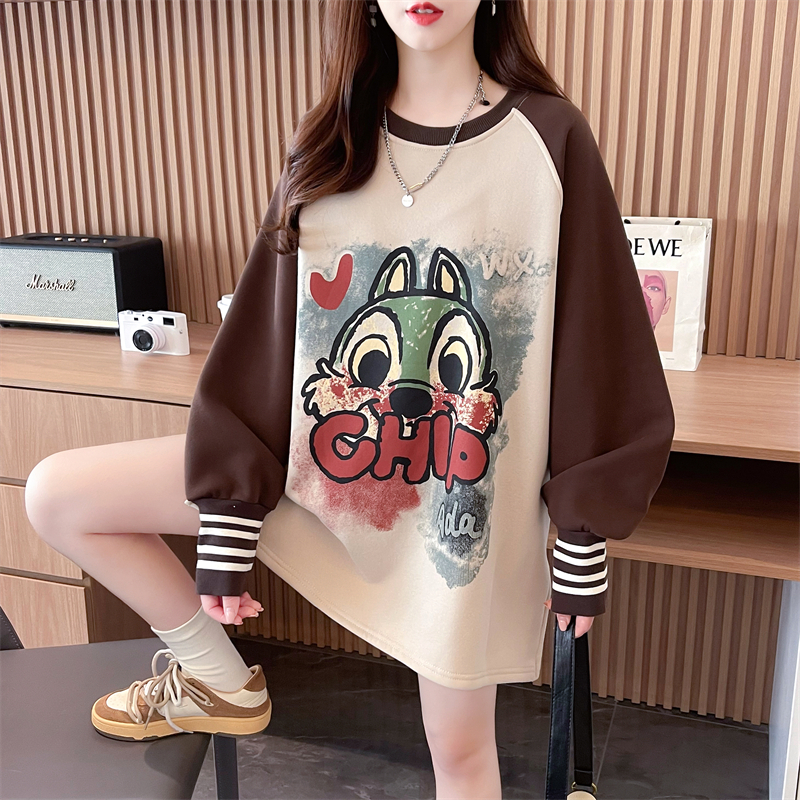 Real shot 2024 spring new 280g loose double-sided German velvet round neck spliced ​​long-sleeved bottoming shirt T-shirt for women